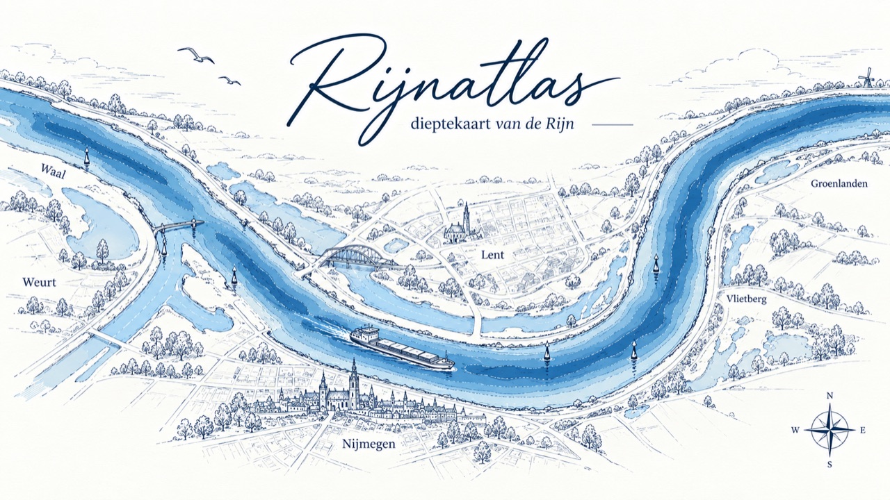 Rijnatlas, dieptekaart van de Rijn, met de Waal bij Nijmegen, Lent, Weurt en Vlietberg.